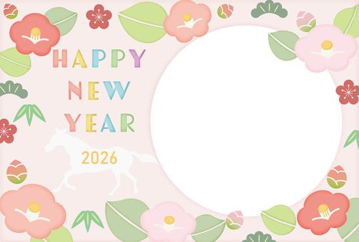 2026年賀/椿のフォトフレーム2 椿,年賀状,フォトフレーム,写真,枠,フレーム,2026年,はがき,令和八年,横のイラスト素材