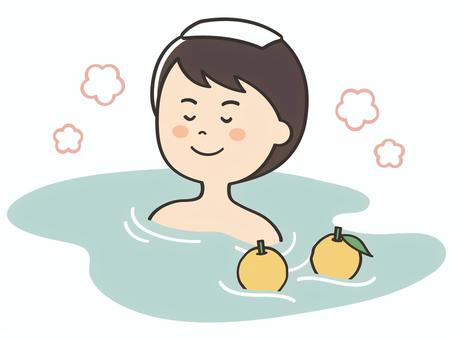 柚子風呂に浸かる男性 柚子,風呂,柚子湯,温泉,銭湯,お風呂,入浴,露天風呂,湯船,浸かるのイラスト素材
