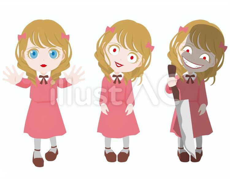 ホラードール_来る 人形,ワンピース,リボンのイラスト素材