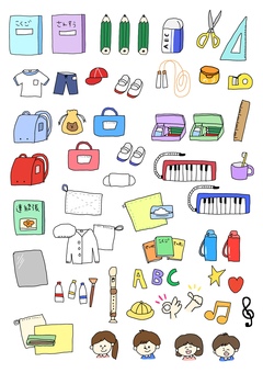 小学校　持ち物　文字なし 小学校,持ち物,ランドセル,セット,学校,アイコン,文具,リコーダー,筆箱,ハーモニカのイラスト素材