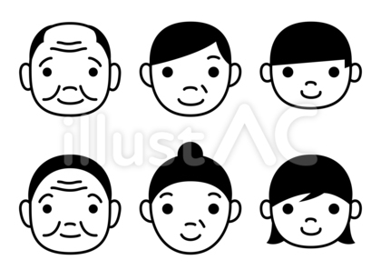 白黒の線で描いた家族の顔だけのイラスト