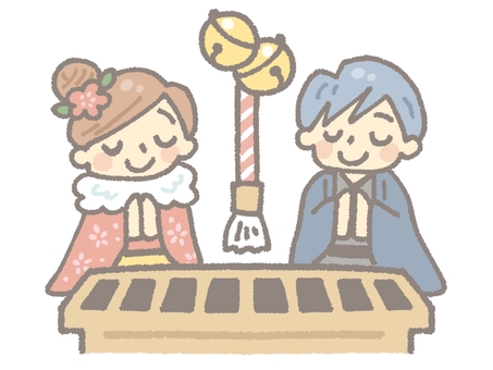 和服で初詣に来た男女 初詣,男性,女性,和服,和装,着物,振袖,賽銭箱,鈴緒,紐のイラスト素材