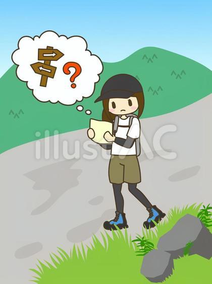 地図を見ながら登山道を歩く女性