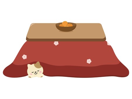 冬　コタツで寝ている猫とみかんのイラスト こたつ,みかん,冬,猫,ねこ,炬燵,ミカン,温かい,古い,昔ながらののイラスト素材