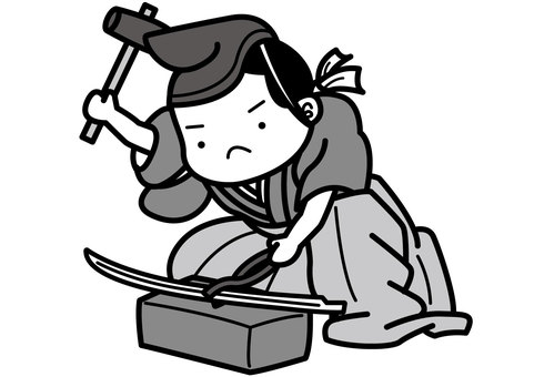 刀鍛冶-2c 刀鍛冶,鍛冶,職人,刀,刀剣,金槌,金鋏,石,台,烏帽子のイラスト素材