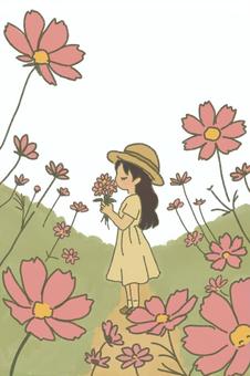 コスモス畑の少女 コスモス畑の少女 秋,コスモス,花畑,少女,自然,花,植物,花束,一人,帽子のイラスト素材
