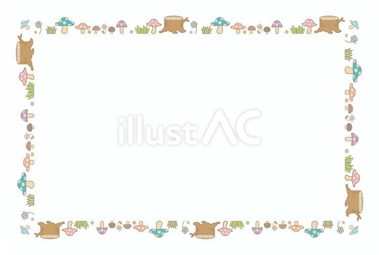 きのこと切り株とお花のブラシフレーム きのこ,切り株,花のイラスト素材