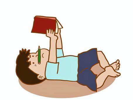 勉強に身が入らない人パート２ 男の子,勉強,読書,寝転ぶ,鉛筆,全身のイラスト素材
