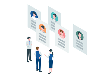 履歴書・選考・人材のイラスト 履歴書,活動,選定,面接,準備,書類,審査,担当者,候補者,一覧のイラスト素材