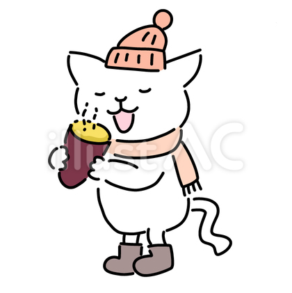 焼き芋を食べるゆるいネコのイラスト