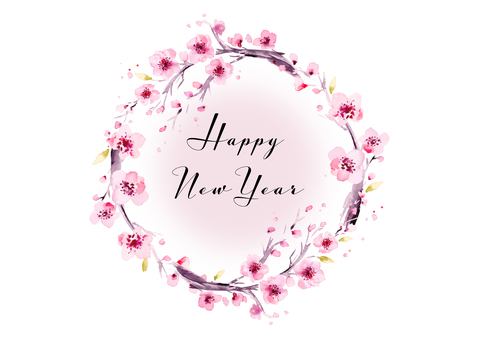 梅の華やかなお正月のリース／フレーム素材 梅,花,フラワー,リース,輪,フレーム,飾り枠,水彩,年賀状,お正月のイラスト素材