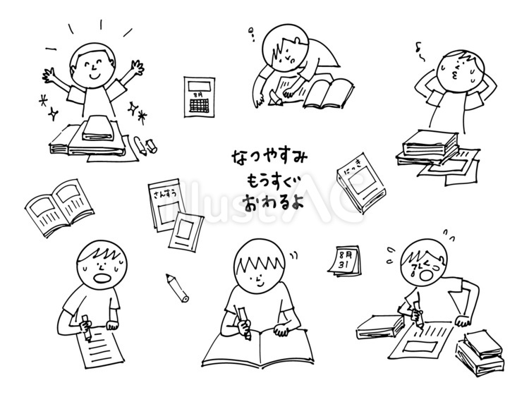 夏休みの宿題をする男の子（モノクロ線画） 夏休み,宿題,日記のイラスト素材