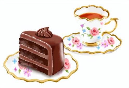 チョコレートケーキと花柄のカップの紅茶 チョコレート,ケーキ,紅茶,喫茶,カフェ,おやつ,甘い,美味しい,スイーツ,イラストのイラスト素材