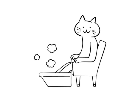 足湯をする猫（モノクロ） 猫,足湯,リラックス,リラクゼーション,リフレッシュ,健康,温浴,温活,湯気,暮らしのイラスト素材