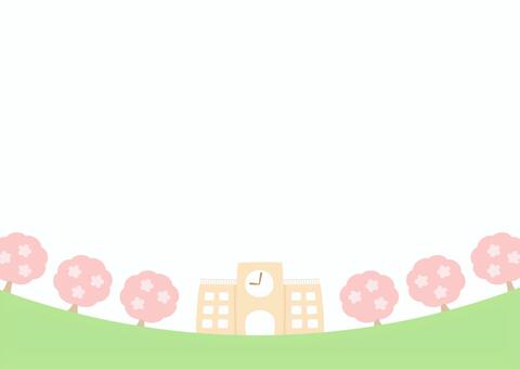 春の桜と学校 卒業・入学の背景イラスト 桜,さくら,春,背景,フレーム,花,学校,卒業,入学,卒業式のイラスト素材