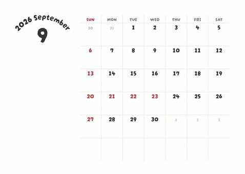 2026年9月カレンダー かわいい文字 カレンダー,2026年,2026年カレンダー,9月,９月,9月カレンダー,2026年9月カレンダー,秋,数字,壁のイラスト素材