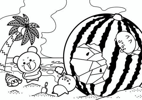ぬりえ「夏の砂浜」 ぬりえ,夏,砂浜,海,空,入道雲,ヤシの木,ヤドカリ,クマ,ネコのイラスト素材