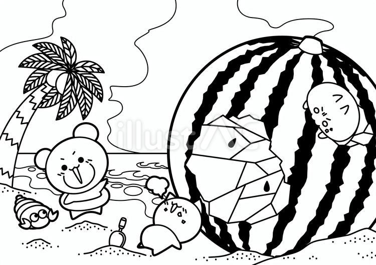 ぬりえ「夏の砂浜」 ぬりえ,スイカ,すいかのイラスト素材