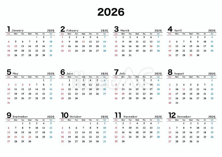 2026年(令和8年)年間カレンダー横長 カレンダー,年間カレンダー,2026年のイラスト素材