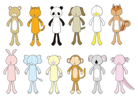 ぬいぐるみ動物カラー ぬいぐるみ,動物,カラフル,くま,ねこ,パンダ,いぬ,アヒル,リス,うさぎのイラスト素材