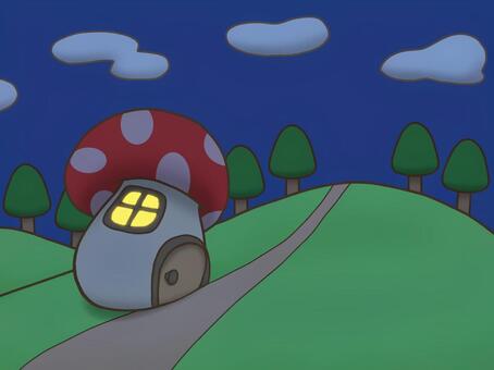 キノコの家の背景(夜) 背景,風景,ファンタジー,キノコ,家,木,道,雲,空,夜のイラスト素材