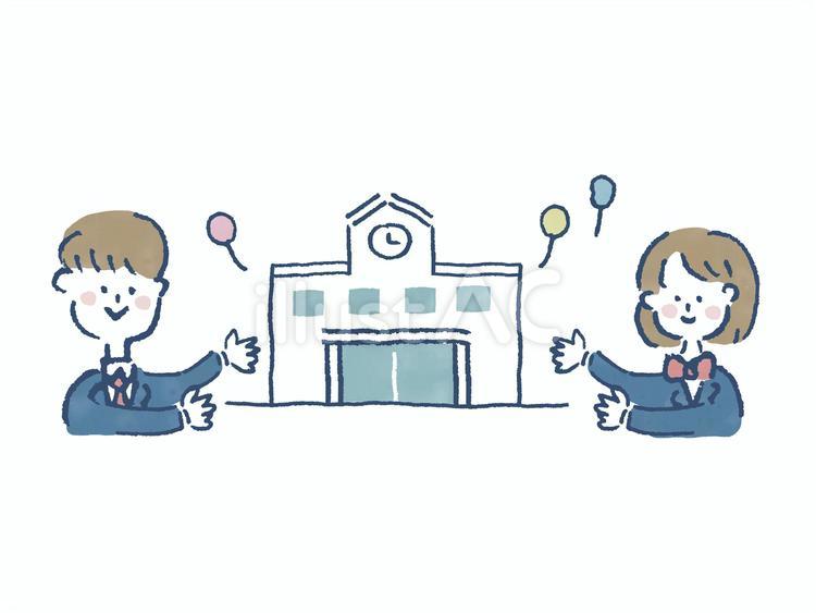 学校を案内する制服学生 こちら,どうぞ,いらっしゃいのイラスト素材