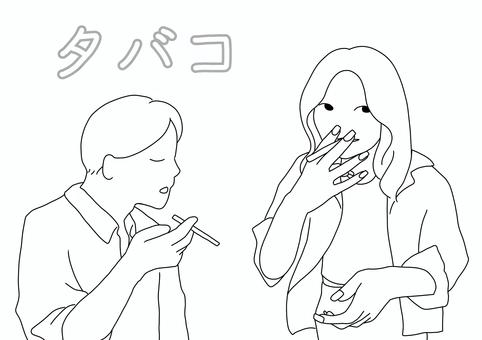 タバコを吸う男女線画 煙草,喫煙,男性,女性,副流煙,リスク,ニコチン,中毒,迷惑,分煙のイラスト素材