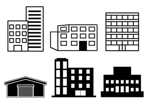 建物アイコンセット ビル,マンション,アパート,会社,正面,窓,オフィス,社屋,企業,経営のイラスト素材