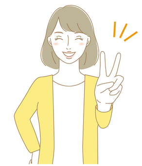 ピースする女性 女性,人物,ピース,嬉しい,喜ぶ,笑顔,カーディガン,大人,主婦,お母さんのイラスト素材