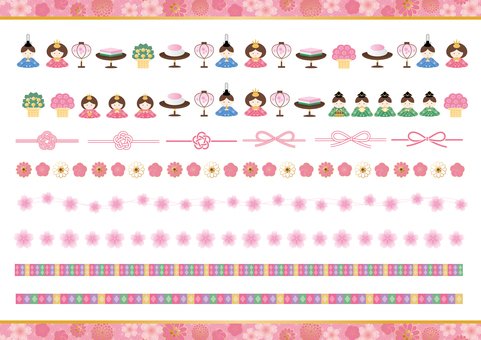 ひな祭りの飾り罫のセット ひなまつり,ひな祭り,飾り罫,ライン,セット,雛人形,ひな人形,お雛様,お内裏様,五人囃子のイラスト素材