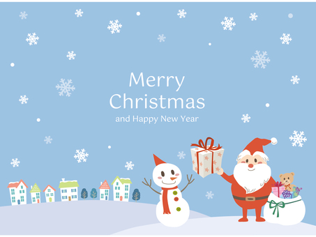 雪だるまにプレゼントを渡すサンタ　水色 サンタ,サンタクロース,雪だるま,プレゼント,ギフト,クリスマス,メリークリスマス,雪,雪の結晶,雪景色のイラスト素材