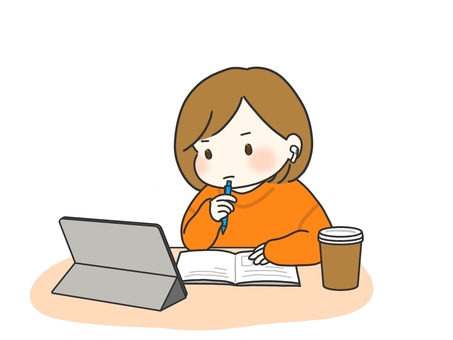 タブレットを見ながらカフェで勉強する人 カフェ,コーヒー,勉強,学生,資格,社会人,タブレット,ノート,女の人,女の子のイラスト素材