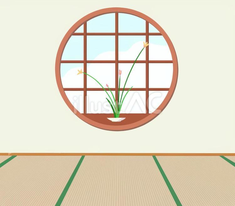 畳の部屋の丸い窓 畳,和室,生け花のイラスト素材