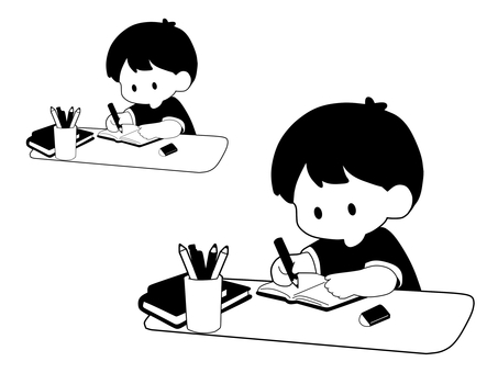 (白黒)勉強する男の子 (白黒)勉強する男の子 勉強,宿題,学習,子供,幼児,小学生,考える,えんぴつ,ノート,教科書のイラスト素材