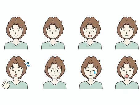 若い男性の表情セット 男性,表情,パターン,顔,バストアップ,笑顔,困る,焦る,無表情,怒るのイラスト素材