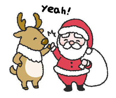 ハイタッチするサンタとトナカイ文字付き サンタ,サンタクロース,トナカイ,クリスマス,クリスマスイブ,イベント,12月,楽しい,張り切る,ハイタッチのイラスト素材