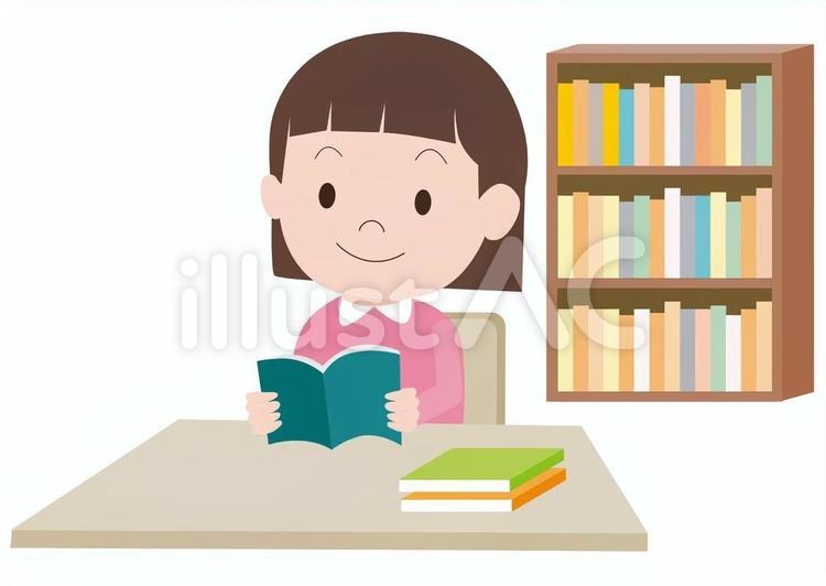図書室で読書をする私服姿の小学生女子 読書,本,図書館のイラスト素材