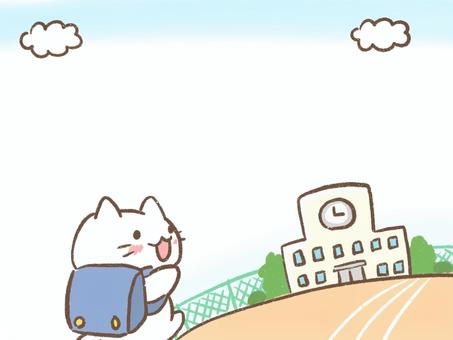 元気に学校へ行く猫のフレームイラスト素材 学校,フレーム,登校,入学,小学校,猫,ランドセル,校舎,校庭,青空のイラスト素材