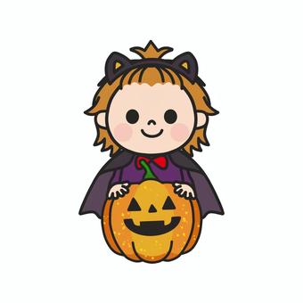ハロウィンかぼちゃとコスプレした子ども3 ハロウィン,猫耳,コスプレ,マント,ジャックオランタン,橙,オレンジ,10月,行事,季節のイラスト素材