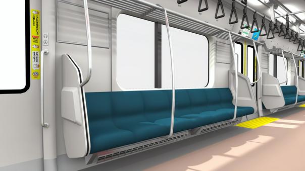 通勤電車の車内（一般席２・広告なし） 電車,通勤,車内,鉄道,列車,車両,座席,ロングシート,つり革,3dcgのイラスト素材