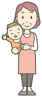  エプロンおばちゃん-070-全身 抱っこ,おばちゃん,エプロン,お母さん,ママ,中年,おばさん,主婦,人物,かわいいのイラスト素材