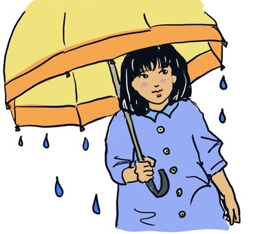 雨の日レインコートを着て傘をさす女の子 雨,梅雨,女の子,傘,レインコート,黄色,青のイラスト素材