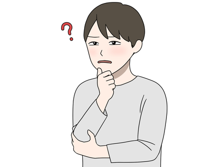 顎に手を当てて考え込む男性 はてな,謎,意味不明,考える,理解不能,は？,理解できない,訳が分からない,ちんぷんかんぷん,わけわからんのイラスト素材