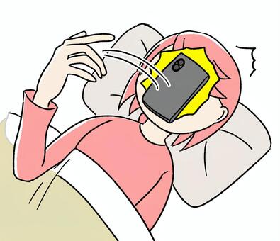 桃色の女の子が顔面にスマホ落とす ピンク,手描き,顔面,スマホ,スマートフォン,顔面スマホ,スマホ落とす,寝ながらスマホ,事故,あるあるのイラスト素材