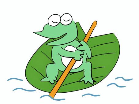 葉っぱに乗って川を下るカエルのイラスト  カエル,動物,葉っぱ,舟,川,棒,かわいい,イラスト,シンプル,全身のイラスト素材