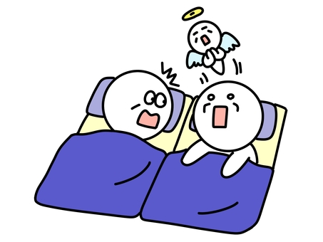 寝ている隣で魂が抜ける棒人間 棒人間,魂,2人,寝る,寝具,ショック,ビックリ,まさか,シルバー,お年寄りのイラスト素材