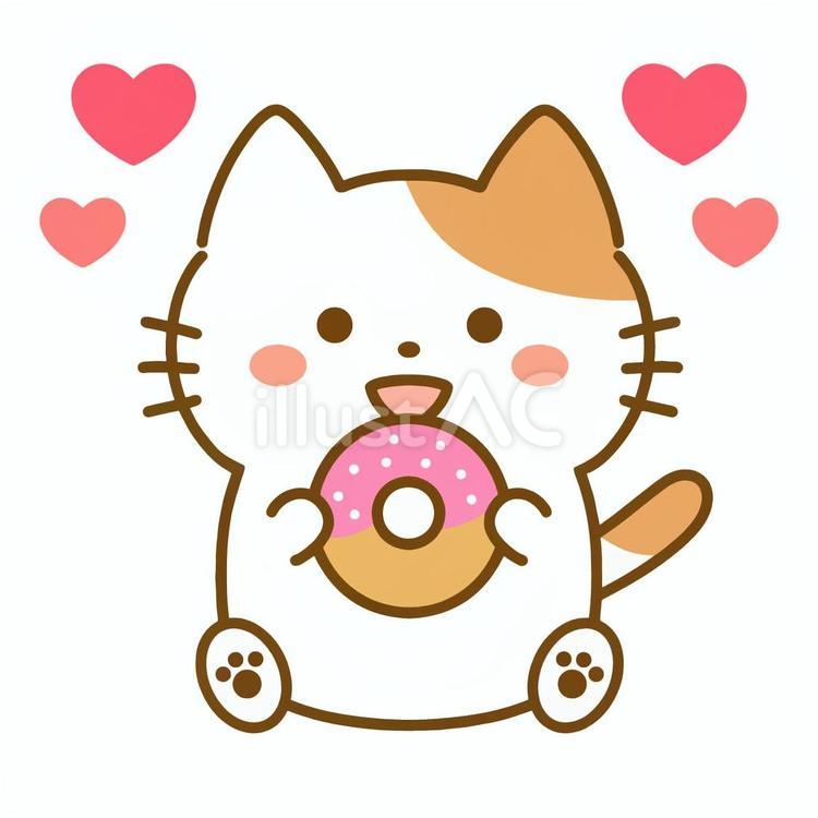 いちごのドーナツを持った猫とハート 猫,子猫,ドーナツのイラスト素材