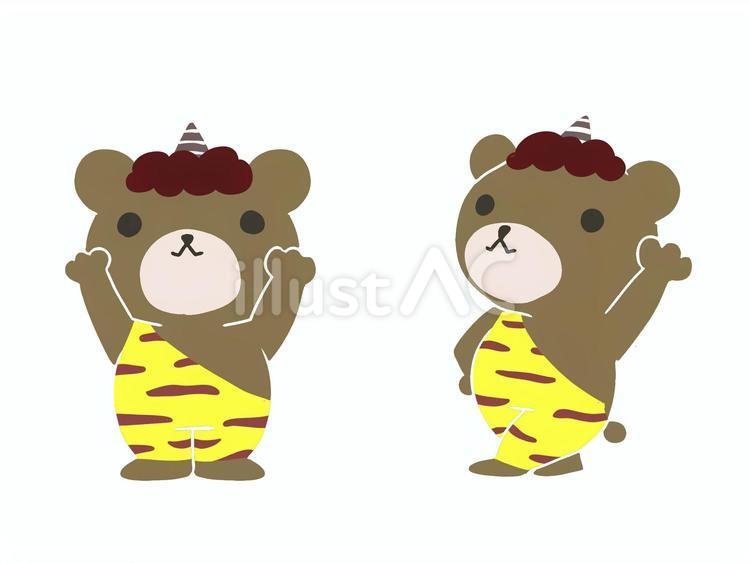 一本ツノの鬼服を着るクマの全身イラスト くま,全身,鬼のイラスト素材
