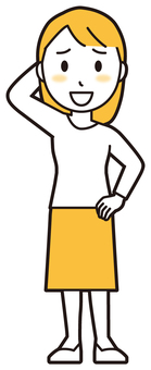  ロングヘア女性(黄)-381-全身 照れる,女性,女の子,人物,かわいい,恥ずかしい,嬉しい,喜ぶ,表情,感情のイラスト素材