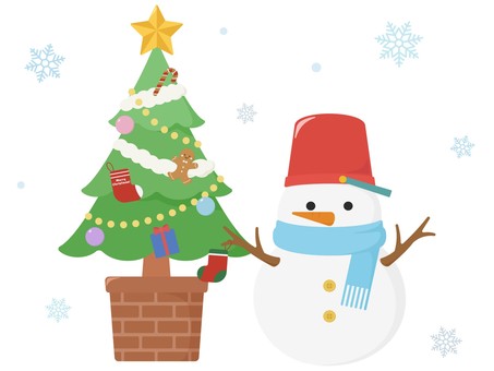 クリスマスツリーを飾る雪だるま クリスマスツリー,クリスマス,ツリー,雪だるま,飾る,オーナメント,木,かわいい,ポップ,靴下のイラスト素材